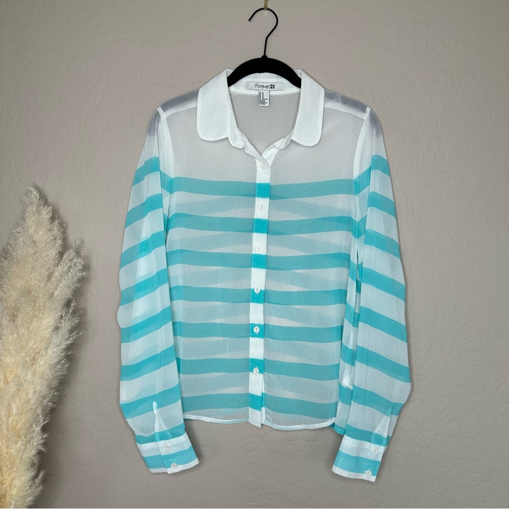 White and Blue Striped Button Down Sheer Long Sleeve Blouse, Size M